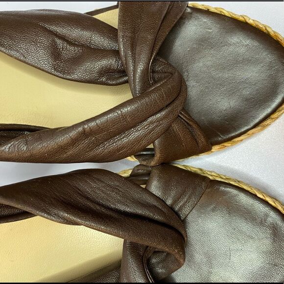 Michael Kors Chocolate Brown Leather Espadrille/Jute Wedge Sandals Size 10 - Picture 2 of 8